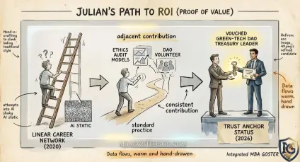 Narrative illustration of Julian’s case showing the transition from a linear career to Trust Anchor status through Proof of Value. MBA Goster