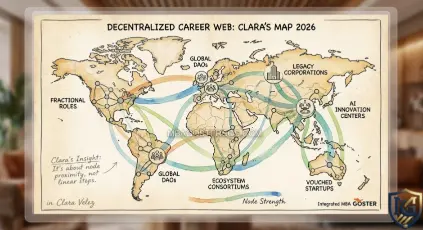 Hand-drawn map of the 2026 Career Web illustrating how leaders navigate between DAOs, fractional roles, and global corporations. MBA Goster