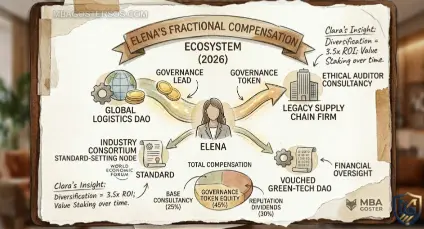 Narrative sketch of Elena’s 2026 compensation ecosystem, including DAO governance tokens, consultancy fees, and reputation dividends. MBA Goster