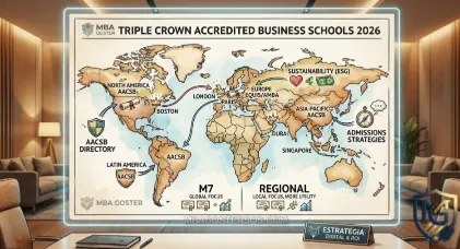 Textured world map showing density of schools with AACSB, EQUIS, and AMBA accreditations in 2026. By MBA Goster