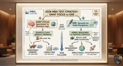 Human-centric hand-drawn decision tree for GMAT Focus vs GRE selection 2026. By MBA Goster