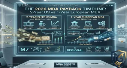 Bar chart comparing the payback period for a 2-year US MBA and a 1-year European MBA in 2026. By MBA Goster