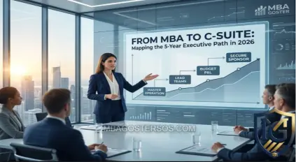 Featured cover image for the From MBA to C-Suite 5-year path article, executive meeting environment in 2026. By MBA Goster