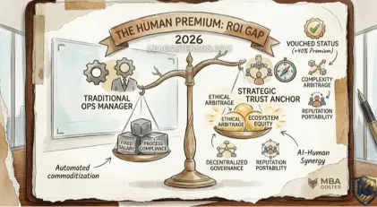 Hand-sketched infographic showing the ROI gap between traditional operations management and Strategic Trust Anchors in 2026. MBA Goster