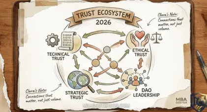Hand-sketched diagram of the 2026 Trust Ecosystem showing the interconnection between technical, Networking, ethical, and strategic trust in leadership. MBA Goster