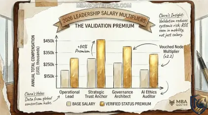 Watercolor bar chart displaying 2026 salary multipliers for verified leadership roles vs base roles. MBA Goster