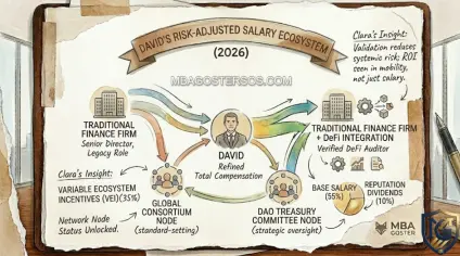 Hand-sketched case study of David’s risk-adjusted salary ecosystem, showing diversified income from DAO governance and traditional finance. MBA Goster