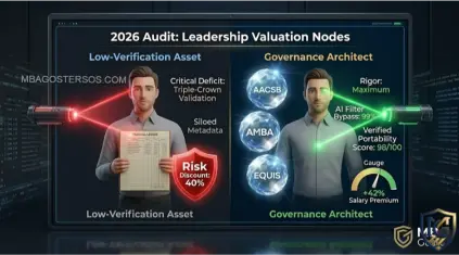 A forensic view of a 2026 AI recruitment audit dashboard for MBA Goster. A specific profile is being analyzed. A green laser scans, highlighting glowing crystalline Triple-Crown seals. Data labels indicate 'Rigor: Maximum,' 'Metadata Verified,' and 'AI Filter Bypass: 99%'. In the background, a flat gray line of 'Unverified Stagnation' contrast with an exponential curve of 'Verified Portability.
