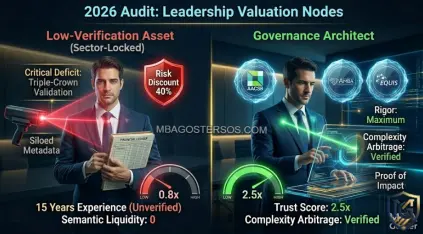 A forensic view of a 2026 AI recruitment audit dashboard for MBA Goster. Two profiles are being analyzed. The left profile is flagged 'Low-Verification Asset' with a red 'Risk Discount: 40%'. The right profile, marked with glowing Triple-Crown seals, is validated as 'Governance Architect' with 'Verified Trust Score: High' and 'Market Multiplier: 2.5x'. The background is a clean data stream. (Aspect Ratio: 16:9).