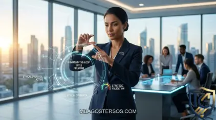 A focused female executive interacting with a glowing holographic governance dashboard, displaying 'HUMAN-IN-THE-LOOP (HITL)' metadata and 'ETHICAL OVERRIDE' nodes, representing strategic AI auditing in a 2026 corporate boardroom, by MBA Goster.