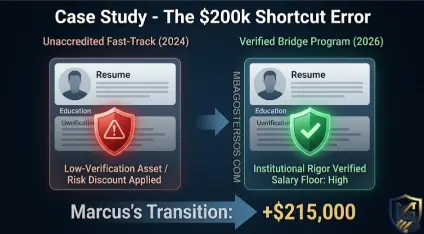 A side-by-side technical visualization by MBA Goster analyzing a CFO career transition. The left profile is flagged in red as a 'Low-Verification Asset / Risk Discount Applied.' The right profile shows the same candidate verified with 'Institutional Rigor / Salary Floor High,' resulting in a final +$215,000 salary increase