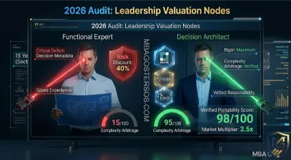 A forensic view of a 2026 AI recruitment audit dashboard for MBA Goster. It compares two leadership profiles, showing a validated 'Decision Architect' (95/100 Complexity Arbitrage Score, 3.5x Market Multiplier) bypassing the 40% 'Risk Discount' applied to an unverified functional expert. The data proves the Human Premium in strategic governance.