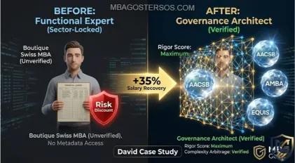 A 3D comparative infographic for MBA Goster, showing a transition. On the left, an avatar is in a 'Sector-Locked (Unverified)' silo with limited connections. A golden arrow leads to the right, showing the same avatar as a 'Governance Architect (verified)' with glowing Triple-Crown seals. They are successfully accessing a vast node network of a 'Global Tech Consortium,' symbolizing ROI recovery. (Aspect Ratio: 16:9).