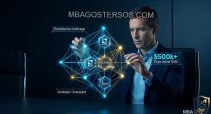 A high-resolution visualization for MBA Goster depicting a 'Decision Architect' executive synthesizing a complex, validated decision tree, labeled '$500k+ Executive Skill.' Integrated Triple-Crown seals (AACSB, AMBA, EQUIS) symbolize institutional trust in judgment, essential for bypassing AI recruitment filters in 2026.