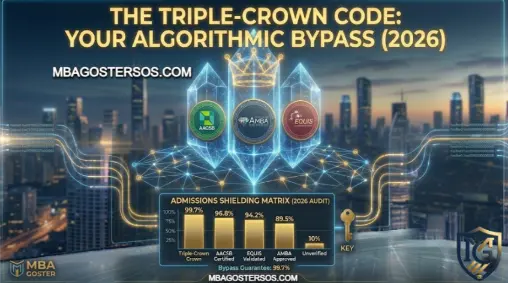 MBA Goster hero infographic visualizing 'The Triple-Crown Code' for 2026 executive admissions, featuring intertwined AACSB, AMBA, and EQUIS digital seals interacting with an AI compliance bot, displaying a 99.7% algorithmic bypass rate and a 2026 audit matrix bar chart.