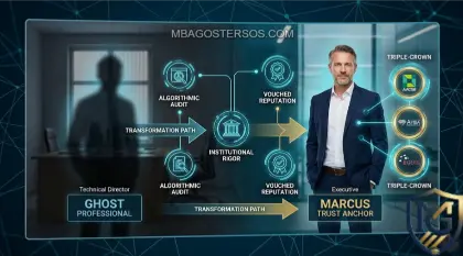 Infographic mapping the transformation path of Marcus, a technical director. It shows him moving from a shadowed, blurry 'GHOST PROFESSIONAL' state to a vibrant, verified 'TRUST ANCHOR' role, connected to glowing TRIPLE-CROWN (AACSB, AMBA, EQUIS) badges, signifying VOUCHED REPUTATION, by MBA Goster.