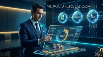 A high-resolution, futuristic portrait for MBA Goster, depicting an executive interacting with a transparent, multi-layered data console. In the background, the Triple-Crown seals (AACSB, AMBA, EQUIS) are subtly integrated as illuminated validation points within a complex algorithmic flow, illustrating the role of a Governance Architect