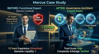 A technical comparative infographic for MBA Goster showing Marcus's transition. On the left, a traditional CFO avatar is shown as 'Functional Expert (Sector-Locked)' with a limited network. A golden transition arrow, indicating 'Semantic Liquidity Verified (Triple-Crown),' leads to the right side showing Marcus as a 'Governance Architect (Liquid Asset)' within a vast 'Global Consortium' node network. Clean, corporate blue and gold aesthetic.