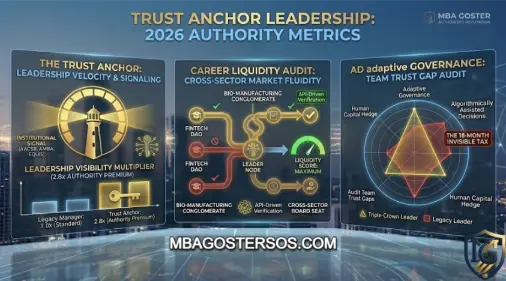 Data visualization chart showing 'The Trust Anchor' leadership multiplier effect, where elite accreditation triggers a 2.8x increase in verifiable authority, leading to a sub-2-year payback period in 2026. Includes Institutional Signal and Rigor gauges. MBA
