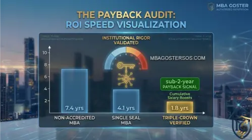 Comparative data chart showing the payback period for Non-Accredited, Single Seal, and Triple-Crown MBAs in 2026, featuring the Institutional Rigor gauge.