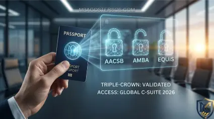 A professional hand holding a digital passport keycard displaying holographic validation for AACSB, AMBA, and EQUIS as the executive passport for 2026 by MBA Goster.