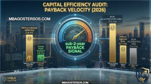MBA Goster performance bar chart from a capital efficiency audit, visualizing ROI Payback Velocity data: showing a 1.8-year full capital return for Triple-Crown verified programs versus a 4.7-year average for single regional seal programs.