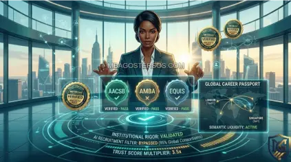 A futuristic professional dashboard visualizing a leader's verified academic credentials in 2026. Three holographic seals for AACSB, AMBA, and EQUIS are illuminated with a "VALIDATED" status. Dynamic text on the interface reads: 'INSTITUTIONAL RIGOR: CONFIRMED,' 'AI RECRUITMENT FILTER: BYPASSED (95% GLOBAL CONSORTIUMS),' and 'CAREER LIQUIDITY: SEMANTIC PASSPORT ACTIVE.' In the background, a digital world map highlights dynamic connection trails between London and Singapore, symbolizing Global Portability, by MBA Goster.
