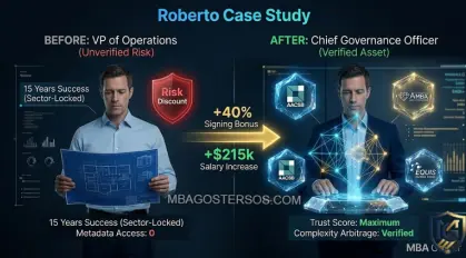 A comparative technical infographic for MBA Goster showing the transition of 'Roberto' from a 'Sector-Locked Functional Expert' to a 'Verified Decision Architect.' Highlights include the removal of a 40% 'Risk Discount' via Triple-Crown verification, resulting in a '+40% Signing Bonus' and '$215k Salary Increase' as Chief Governance Officer.
