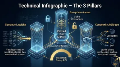 A complex 3D schematic illustrating the '3 Technical Pillars of Career ROI' for MBA Goster. Three glowing pillars labeled 'Semantic Liquidity,' 'Complexity Arbitrage,' and 'Ecosystem Access' converge on a central 'Verified Trust Signals' pillar, showing how they create an asymmetric salary multiplier.