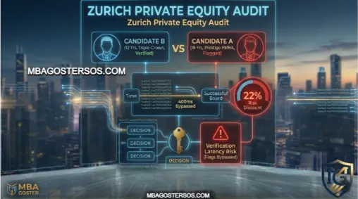 MBA Goster analytical diagram of the Zurich private equity audit, comparing Candidate B (12 years experience, Triple-Crown, verified in 400ms) against Candidate A (18 years, unaccredited prestige EMBA, flagged by verification latency risk), highlighting the decision flow and a prominent 22% Risk Discount callout.